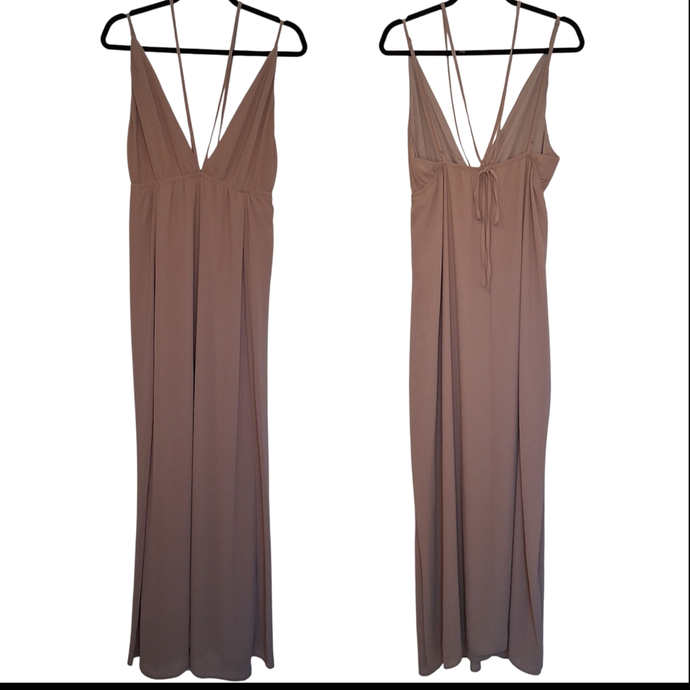 Tobi Beige Formal Maxi Dress Strappy, Back Tie, High Slits, Open Back Size M